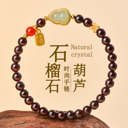Natural Crystal Garnet Gourd Fortune Bracelet | Wealth & Protection Amulet for Women