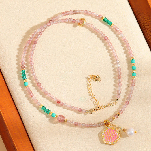 Natural Strawberry Crystal Faceted Necklace | Elegant Light Luxury Collarbone Choker for Love & Luck