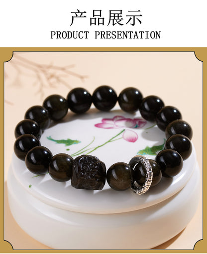 Natural Obsidian Lion Dance Bracelet - Chinese Style Unisex Couple Protection Amulet
