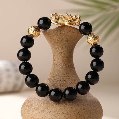 Natural Obsidian Gold Pixiu Bracelet | Wealth Attraction & Protection Amulet