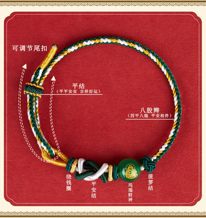 Five-Way God of Wealth Agate Bracelet - Handwoven Red Rope with Zodiac Charms
