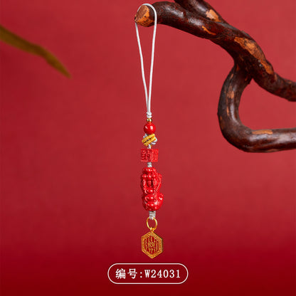 Imperial Red Cinnabar Pixiu Phone Chain Pendant - Wealth and Protection Talisman