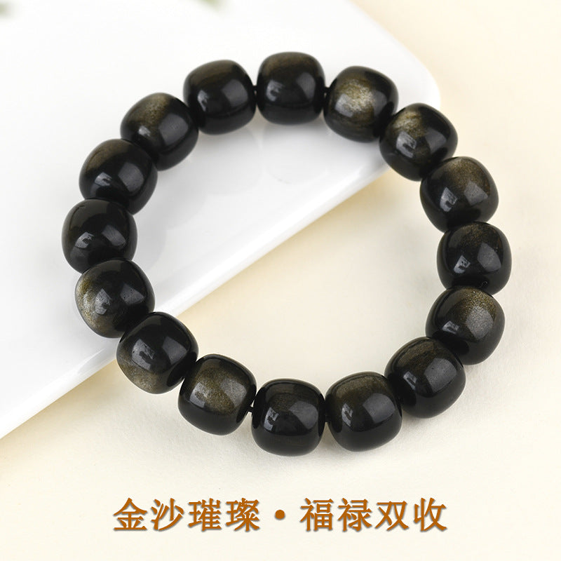Natural Gold Obsidian Cat's Eye Bracelet | Ancient Chinese Style Buddhist Beads for Unisex