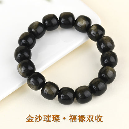 Natural Gold Obsidian Cat's Eye Bracelet | Ancient Chinese Style Buddhist Beads for Unisex