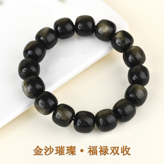 Natural Gold Obsidian Cat's Eye Bracelet | Ancient Chinese Style Buddhist Beads for Unisex