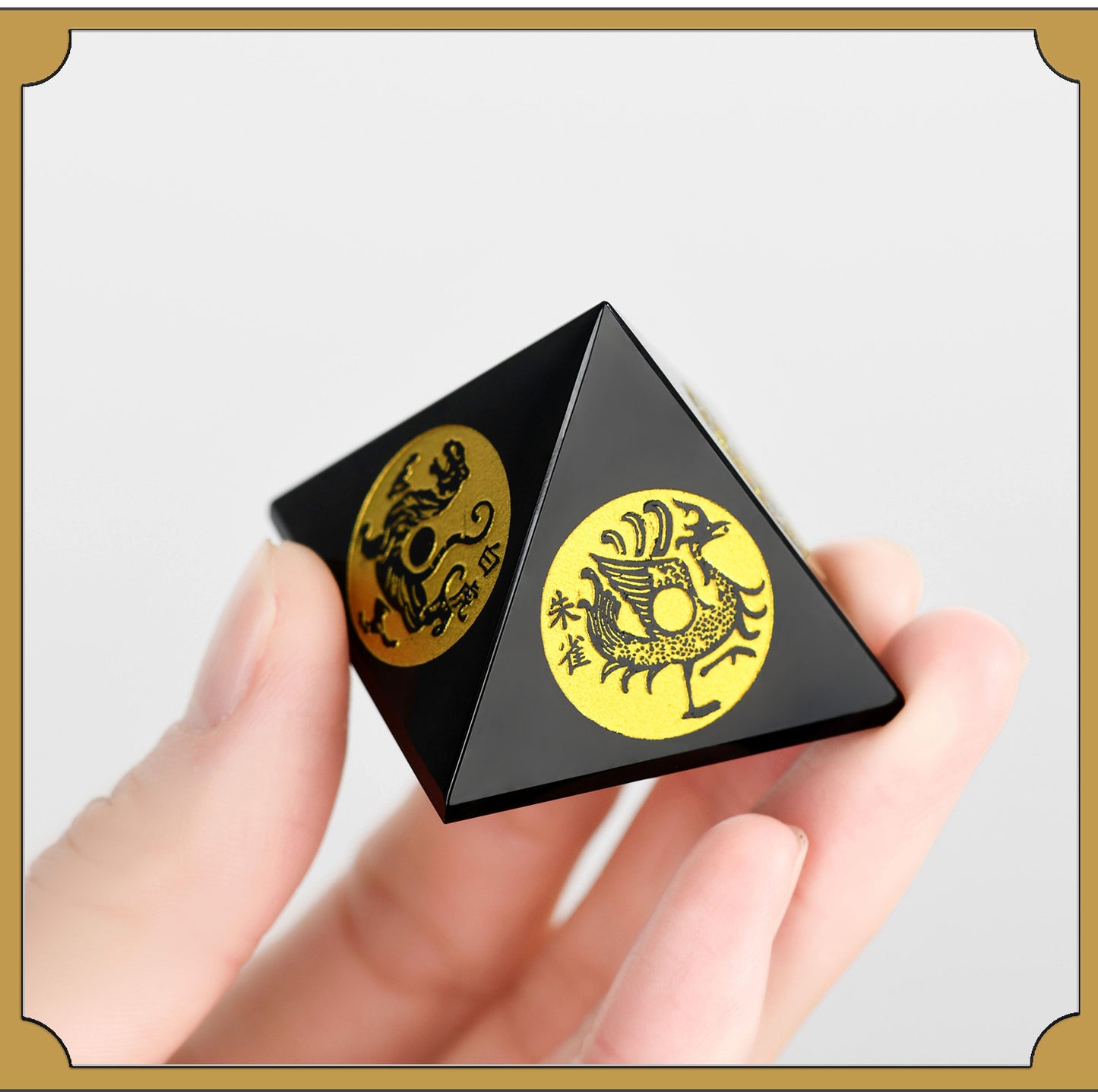 Natural Obsidian Pyramid with Four Divine Beasts - Feng Shui Home Ornament for Protection and Harmony