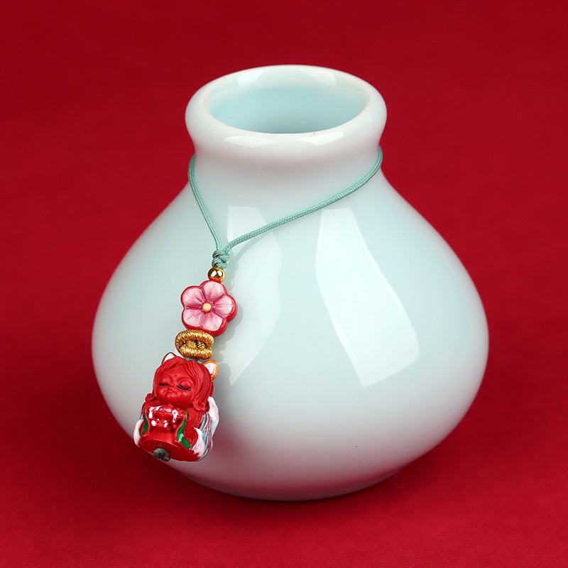 Natural Cinnabar Lucky Cat Nine-Tailed Fox Phone Charm - Wealth & Protection Amulet