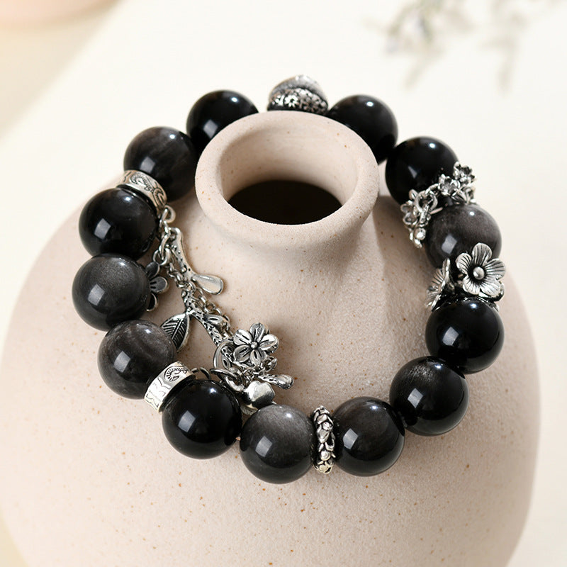 Natural Silver Obsidian Original Bracelet New Large Particle Round Beads National Style Men and Women Couple Style Hot Selling Bracelet Jewelry