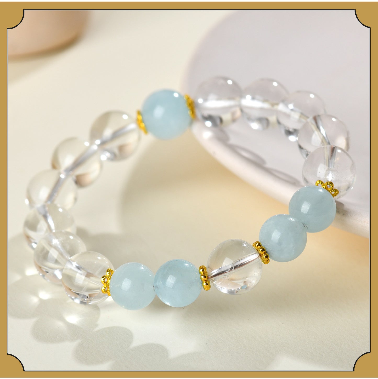 Natural Crystal Energy Bracelet with White Crystal, Obsidian, Strawberry Quartz, and Aquamarine | Spiritual Harmony & Protection