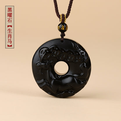 Natural Obsidian Zodiac Peace Buckle Pendant | Spiritual Protection & Fortune Necklace