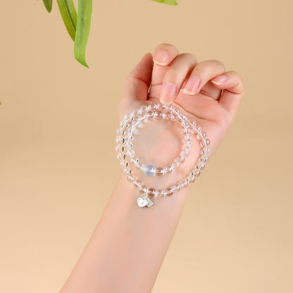 White Crystal Aquamarine Double Circle Bracelet - S925 Silver Chinese Style Elegance