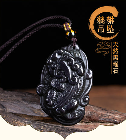 Natural Obsidian Pixiu Pendant Necklace | Chinese Style Unisex Wealth Talisman