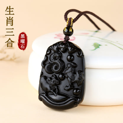 Natural Ice Obsidian Zodiac Triad Pendant Necklace｜Birth Year Protection & Harmony