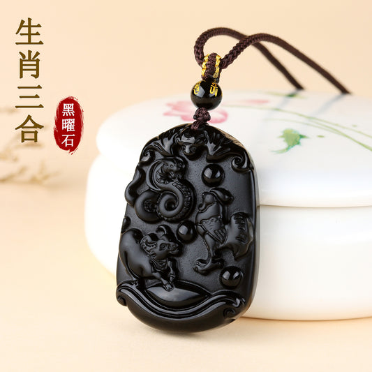 Natural Ice Obsidian Zodiac Triad Pendant Necklace｜Birth Year Protection & Harmony