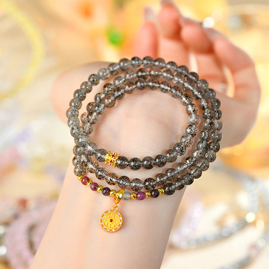 Natural Black Strawberry Quartz Tourmaline Three-Circle Bracelet | Mystical Protection & Harmony