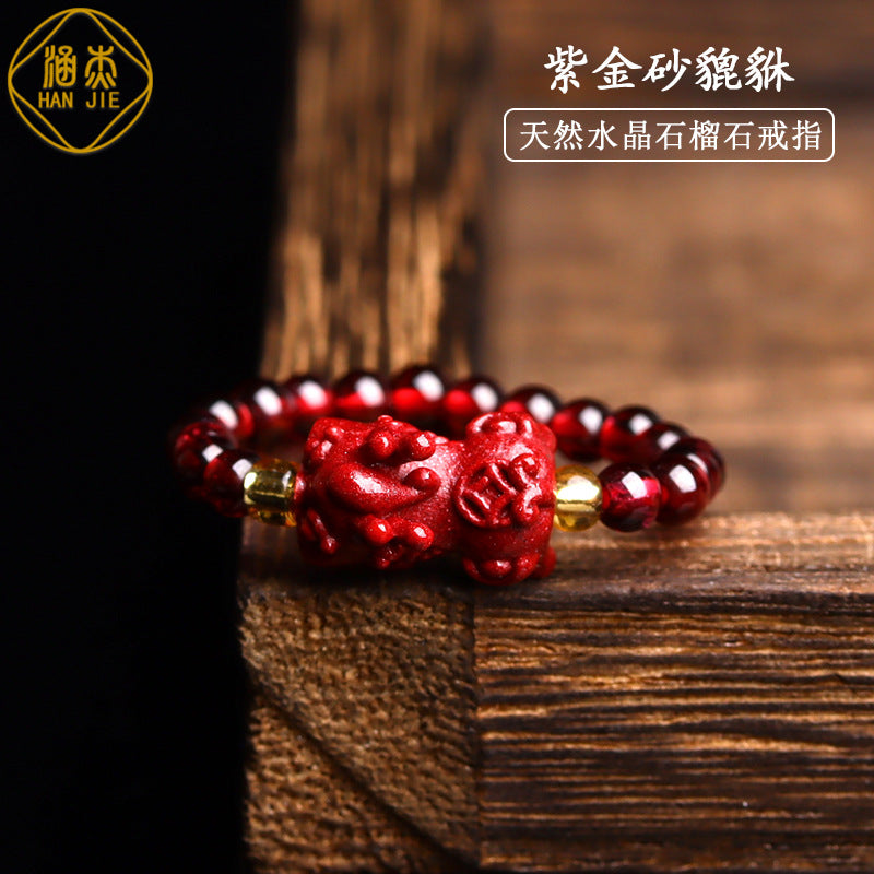High Content Cinnabar Pixiu Four-Leaf Clover Elastic Ring for Women - Wealth & Luck Talisman