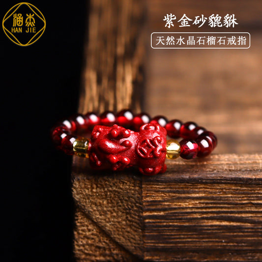 High Content Cinnabar Pixiu Four-Leaf Clover Elastic Ring for Women - Wealth & Luck Talisman