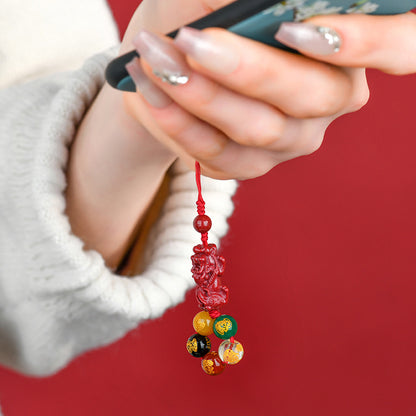 Natural Purple Gold Cinnabar Pixiu Five Road God of Wealth Pendant for Phone and Keys