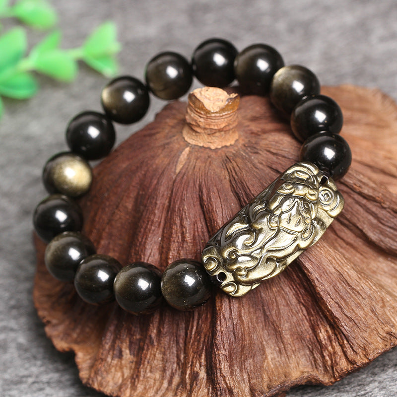 Natural Golden Stone Bracelet with Double Gold Eye Obsidian and Pixiu Charm for Wealth Attraction
