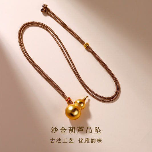 Golden Gourd Fortune Pendant Necklace | Chinese Style Ancient Craft Amulet for Wealth