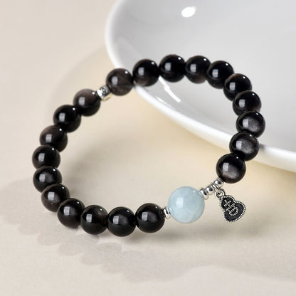 Natural Silver Obsidian Aquamarine Gourd Bracelet - Chinese Lucky Women's Jewelry