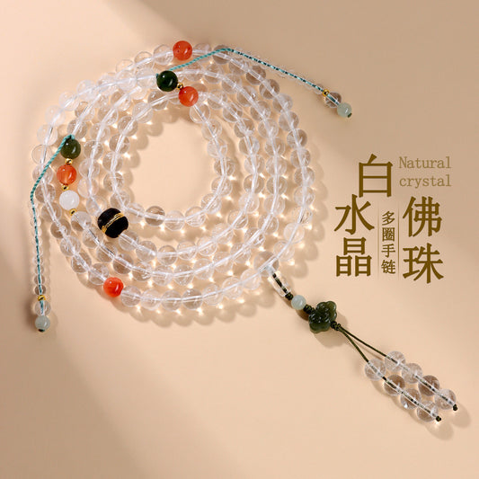 Natural White Crystal 108-Bead Bracelet with Hetian Jade & Red Agate | Buddhist Spiritual Jewelry
