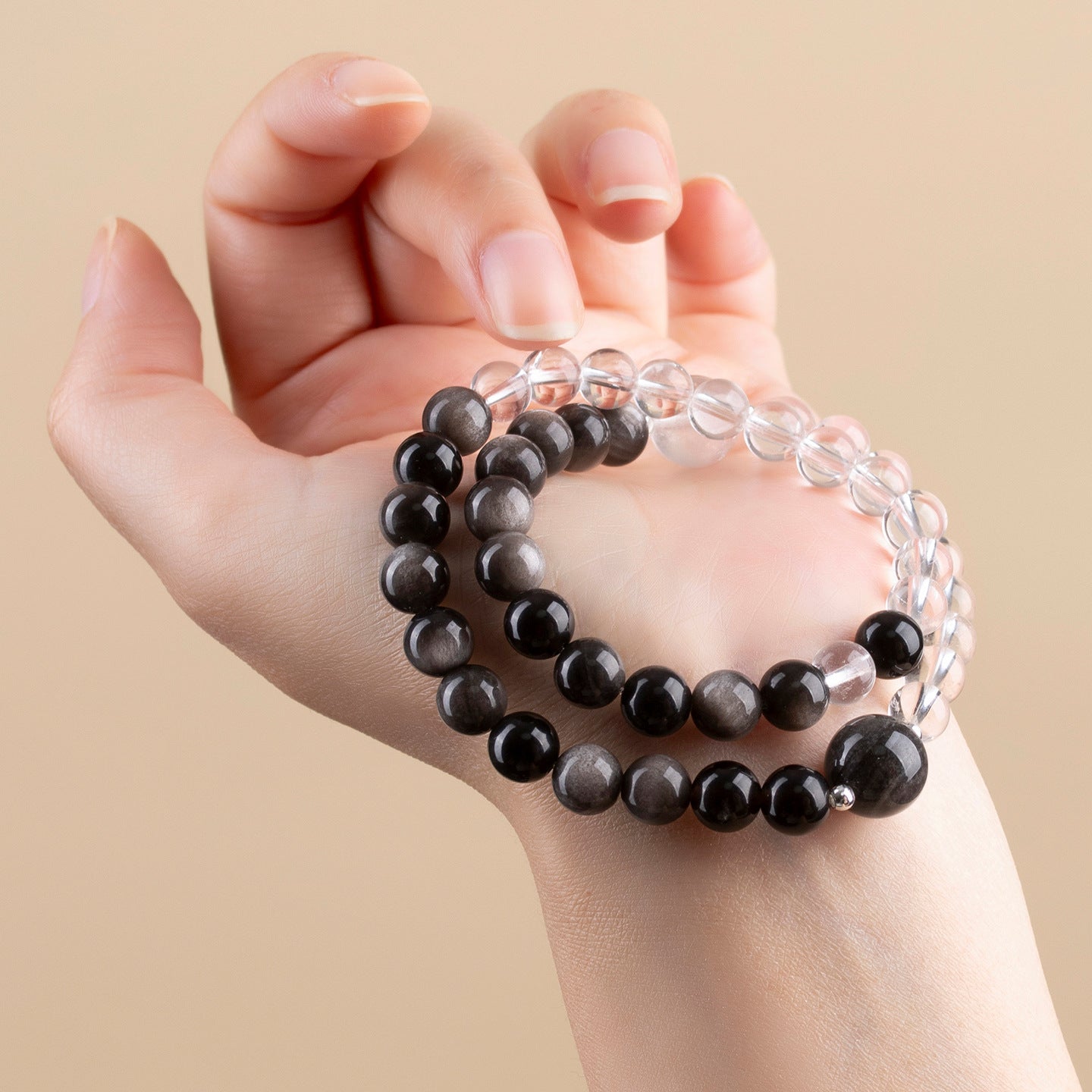 Natural Silver Obsidian White Crystal Double Circle Bracelet - Couple Spiritual Protection Beads