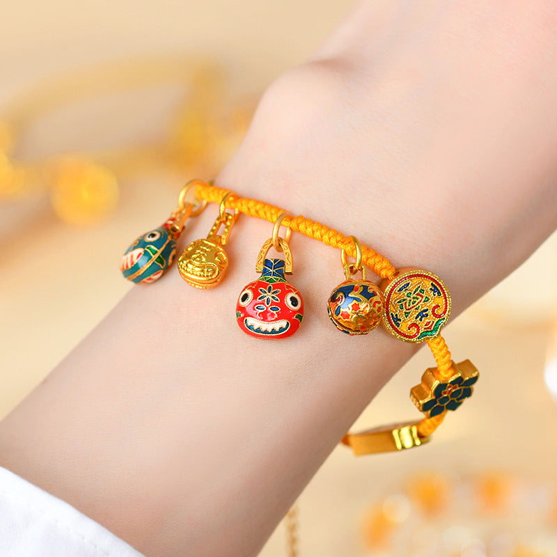 Gold-Plated Blue Enamel Gold-Swallowing Beast Family of Three Five-Way God of Wealth Hand-Woven Bracelet