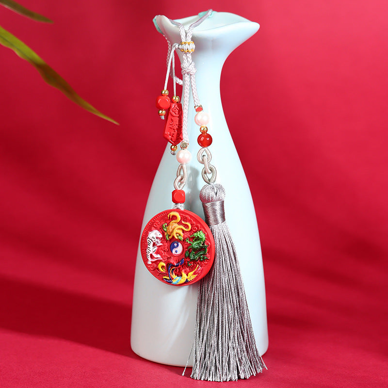 Natural Cinnabar Divine Beast Eight Diagrams Car Hanging Ornament - Imperial Red Sand Painted Square Amulet