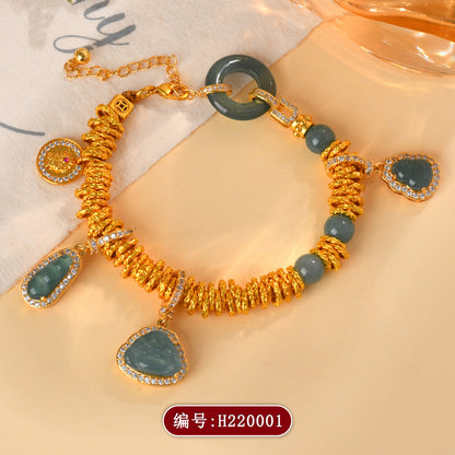 Golden Coiled Natural Jade Multi-Gem Bracelet | Wealth & Protection Talisman
