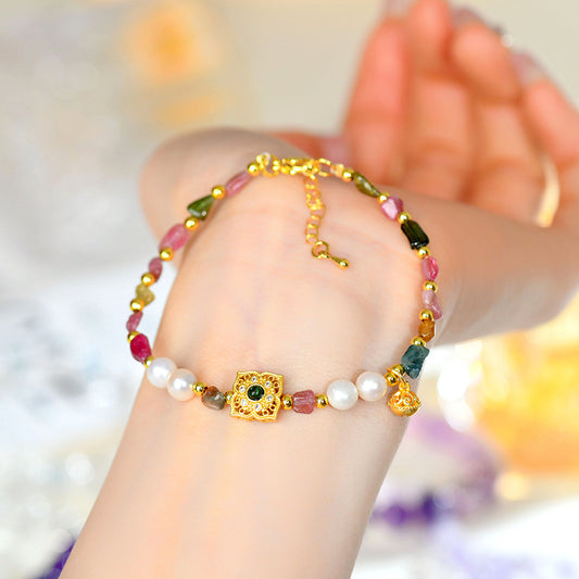 Natural Crystal Tourmaline Irregular Pearl Bracelet - Wealth Attracting Women's Spiritual Jewelry