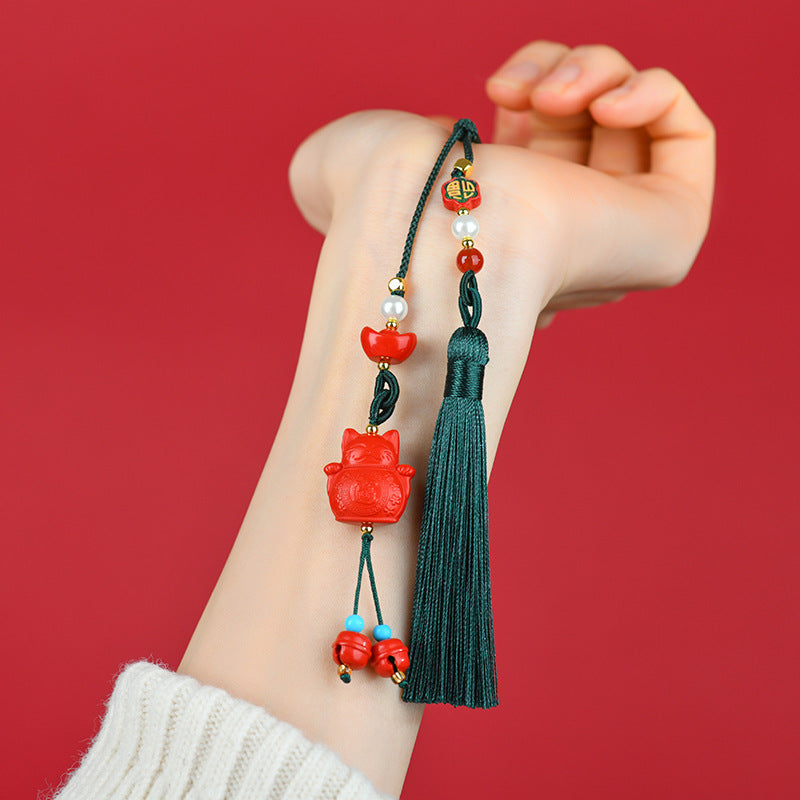 Natural Cinnabar Lucky Cat Car Hanging Ornament - Imperial Red Sand for Good Fortune