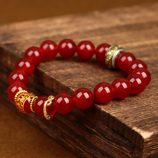 Wukong Themed Obsidian Red Agate Bracelet - Black Gold Silver Spiritual Couple's Jewelry