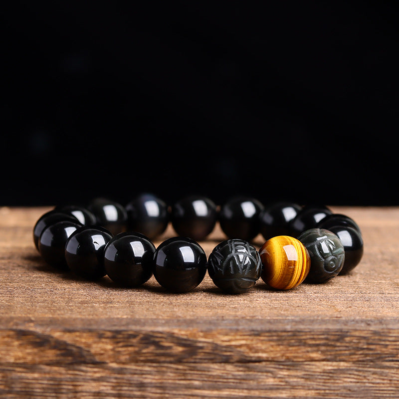 Natural Obsidian Gold-Swallowing Pixiu Double Color Tiger Eye Stone Bracelet for Wealth & Protection