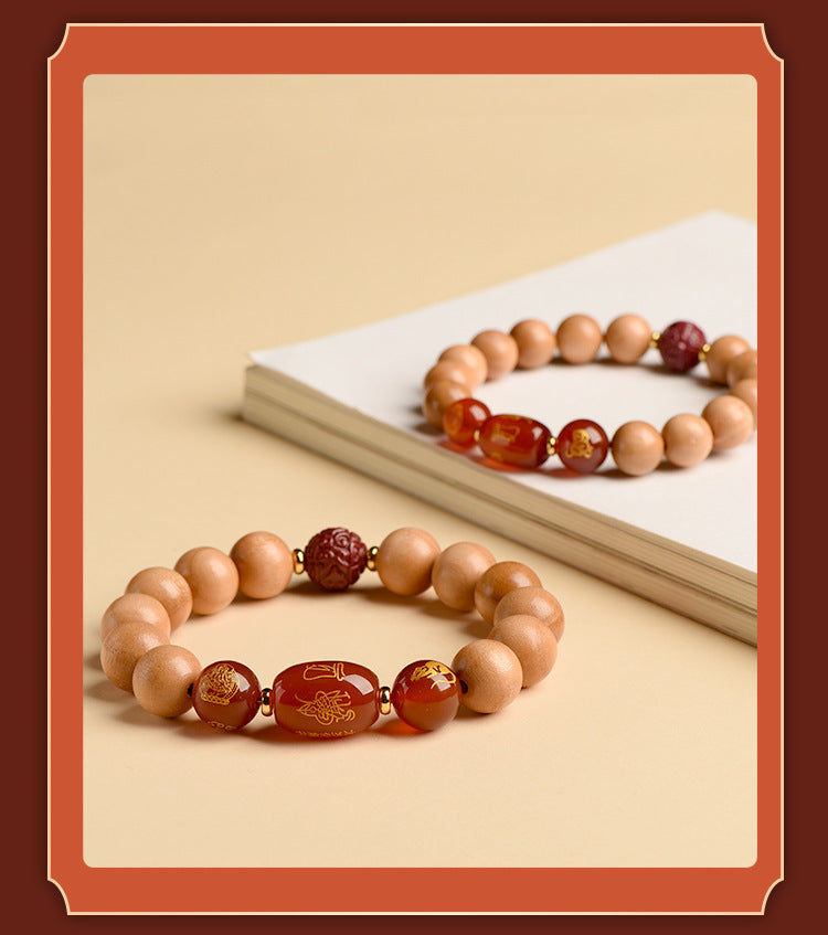 Ancient Peach Wood Cinnabar Zodiac Buddha Protection Bracelet for Harmony