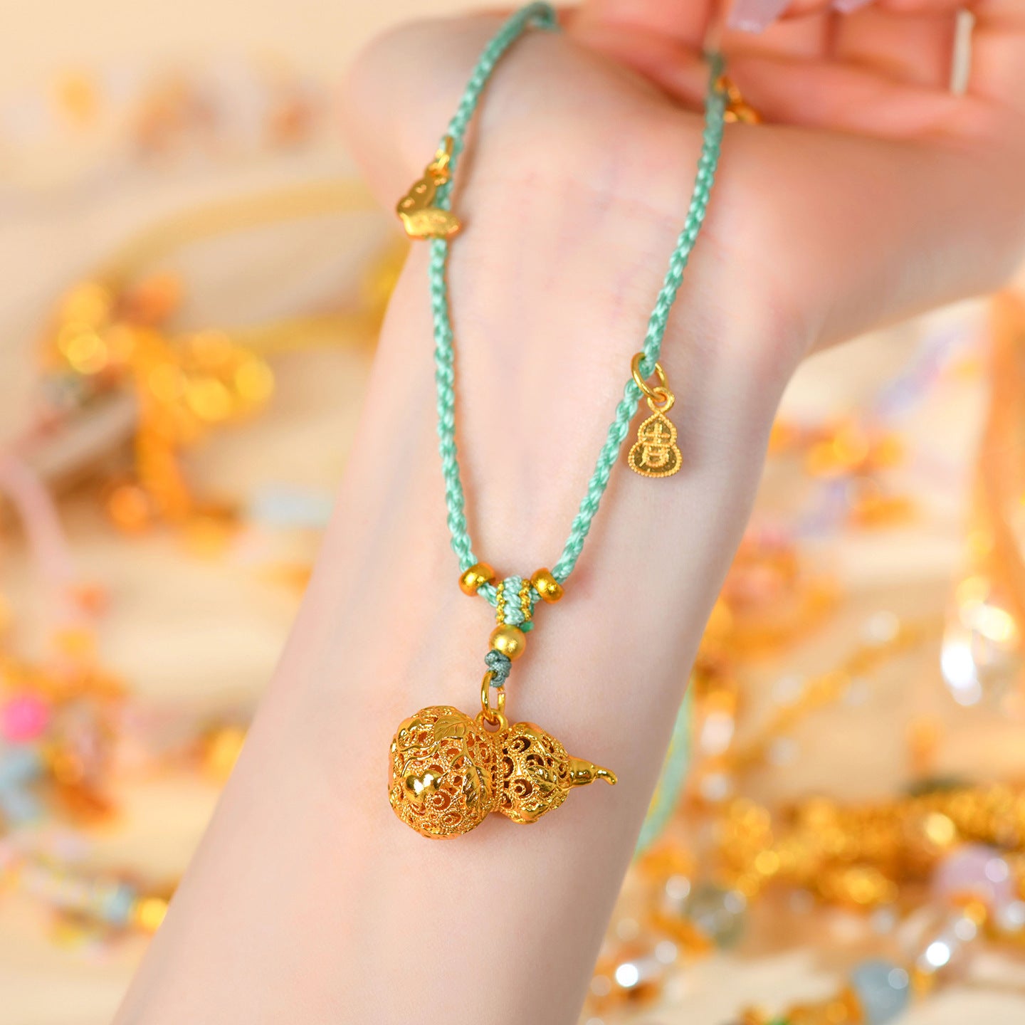 Golden Gourd Hollow Flower Pendant Necklace - Wealth and Prosperity Chinese Style Charm