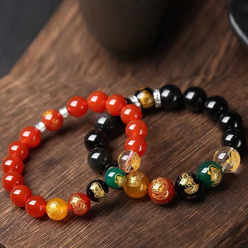 Five-Way God of Wealth Zodiac Guardian Buddha Agate Obsidian Bracelet - Fortune & Protection Talisman