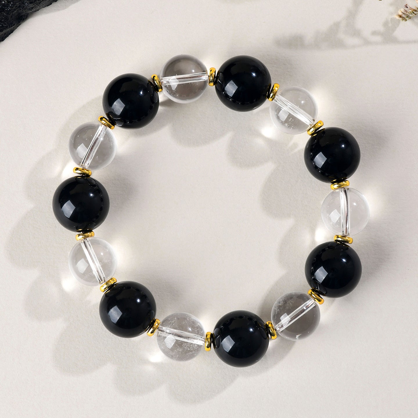Natural White Crystal and Black Obsidian Single Circle Bracelet - Unisex Spiritual Protection Jewelry