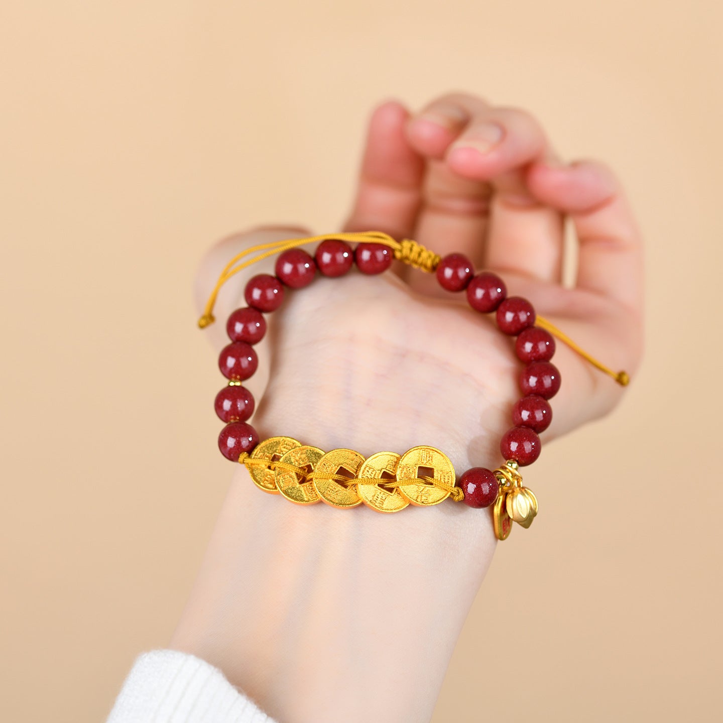 Natural Purple Gold Cinnabar Five Emperors Coin Braided Bracelet - Chinese Spiritual Protection Jewelry