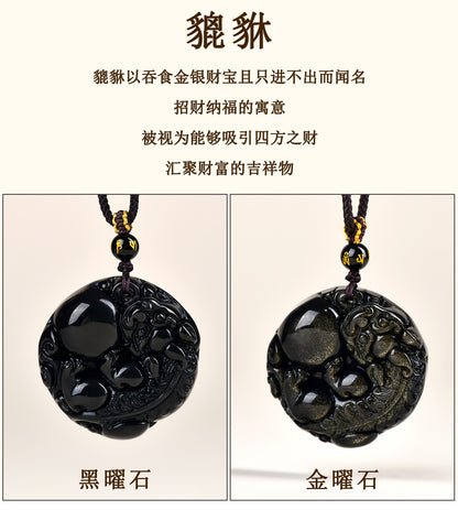 Natural Gold Obsidian Pixiu Pendant - Lucky Charm Necklace for Wealth and Protection