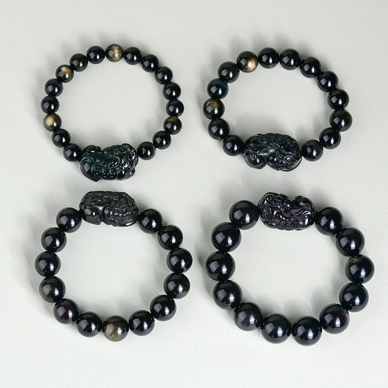 Natural Black Obsidian Pixiu Bracelet with Gold and Double Color Eye Beads - Wealth Protection Amulet for Couples