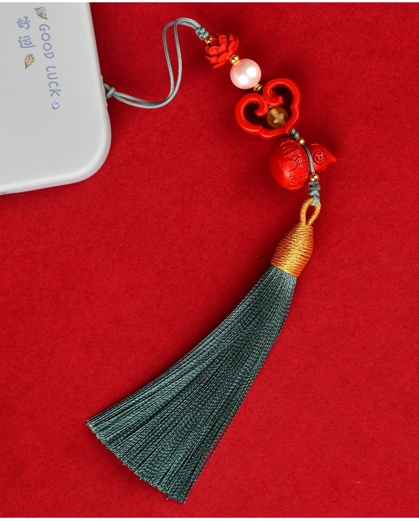 Natural Imperial Red Cinnabar Ruyi Gourd Phone Charm – Protection & Prosperity Talisman