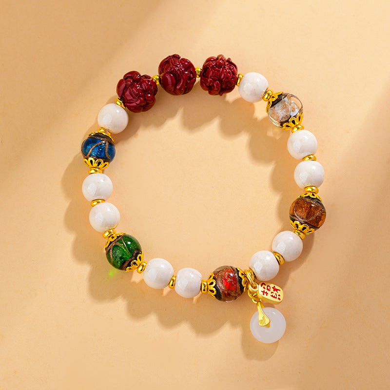 Five Blessings Fragrant Ash Glazed Cinnabar Zodiac Three-in-One Bracelet - Dragon Year Auspicious Talisman