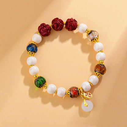 Five Blessings Fragrant Ash Glazed Cinnabar Zodiac Three-in-One Bracelet - Dragon Year Auspicious Talisman