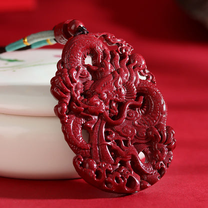 Dragon Soaring Four Seas Natural Cinnabar Double-Sided Carved Pendant Necklace