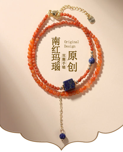 Natural Southern Red Agate & Lapis Lazuli Sugar Cube Double Circle Bracelet with Extension Chain
