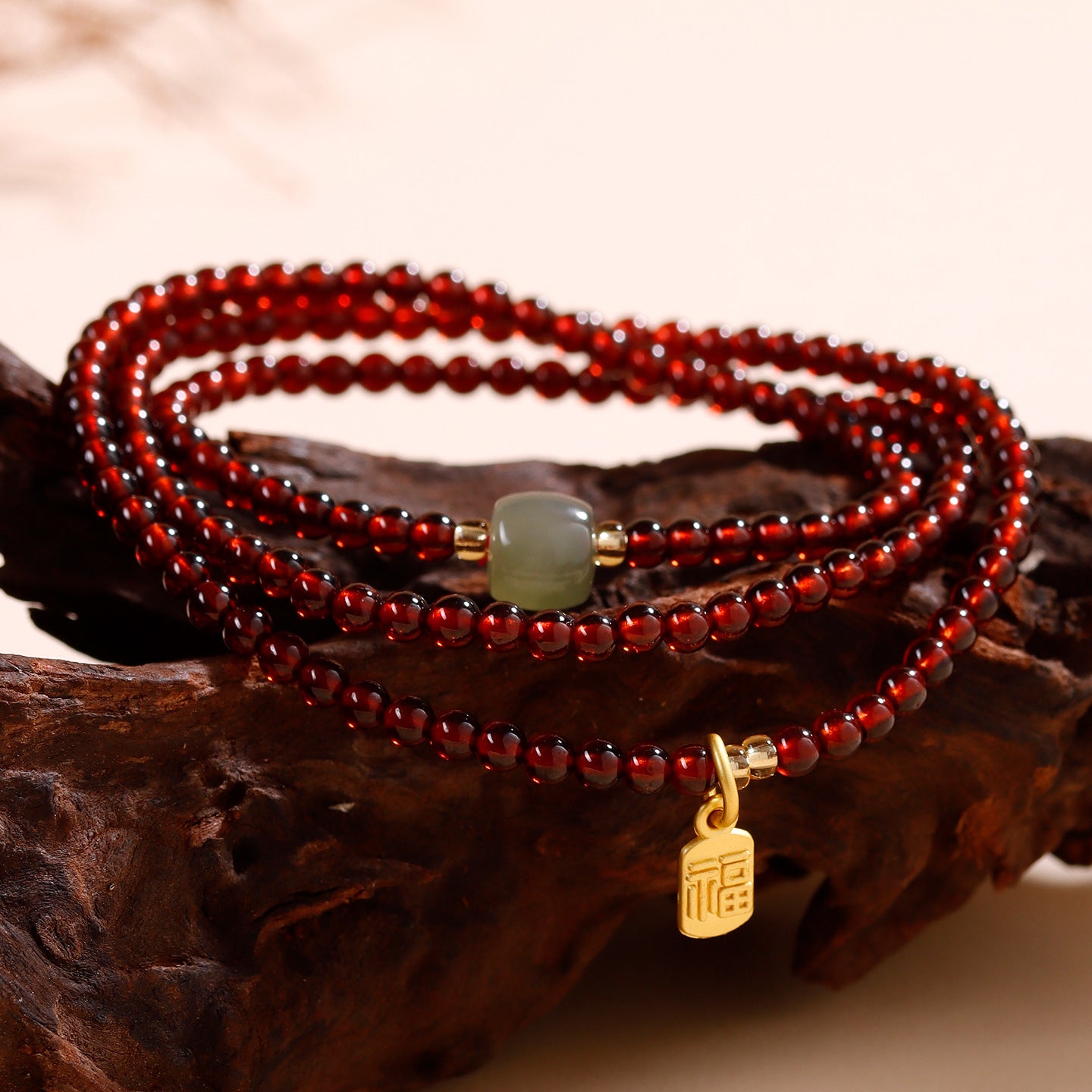 Natural Crystal Garnet Rose Quartz Hetian Jade Three-Circle Bracelet | Wealth Love Protection Talisman