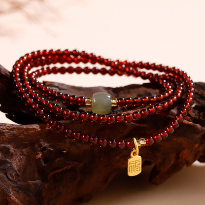 Natural Crystal Garnet Rose Quartz Hetian Jade Three-Circle Bracelet | Wealth Love Protection Talisman