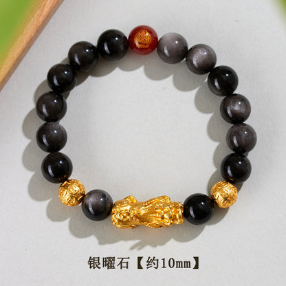 Natural Obsidian Gold Pixiu Zodiac Buddha Bracelet for Wealth Protection and Spiritual Harmony
