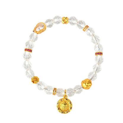 Faceted White Crystal Wealth God Lotus Bracelet - Golden Prosperity & Spiritual Protection